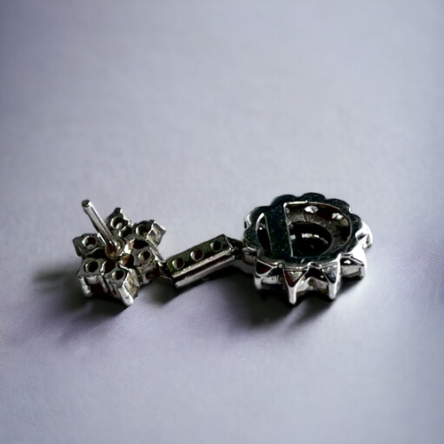 550 - A PAIR OF 18 CARAT WHITE GOLD, DIAMOND & SAPPHIRE DROP EARRINGS. Each set with an Oval & rou... 