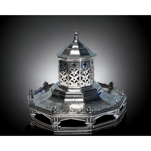 519 - A VICTORIAN ELKINGTON SILVER PLATE 'BANDSTAND' INKWELL. In the manner of Pugin, date mark for 1852. ... 