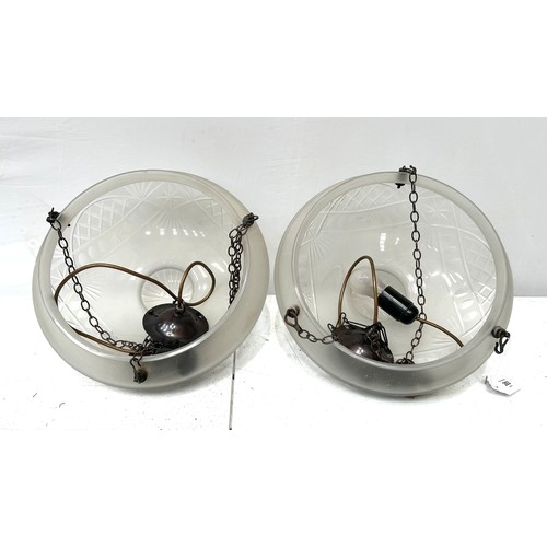 203 - Pair hanging lamp fittings complete with glass shadesapprox dimensions 36cm diameter