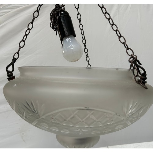 203 - Pair hanging lamp fittings complete with glass shadesapprox dimensions 36cm diameter