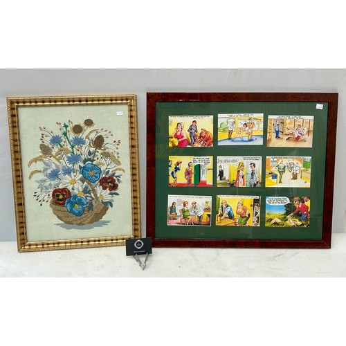 366 - A Large Needlework Gilt Framed Picture with a Mounted Postcard collage