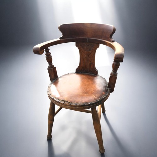 109 - Antique Beech Late 19th Century Smokers Bow Chair, having Leatherette and Studded upholstered circul... 