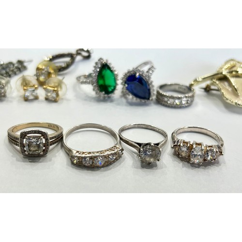 613 - A Lot of 7 Silver 925s CZ Rings. 3 Vintage including Vintage Enamel Broach and Ear rings