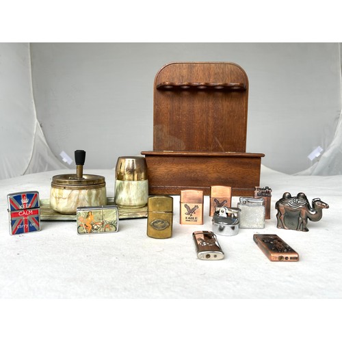 386 - A Collection of Tobacciana, including Lighters, Bakerlight Ash Tray, Wooden Pipe rack etc