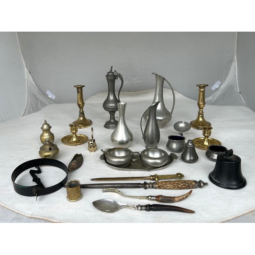 388 - A Large collection of Metal ware, including 2 pairs brass candlesticks and various Pewter and brass ... 