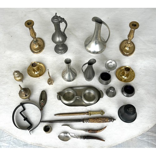 388 - A Large collection of Metal ware, including 2 pairs brass candlesticks and various Pewter and brass ... 