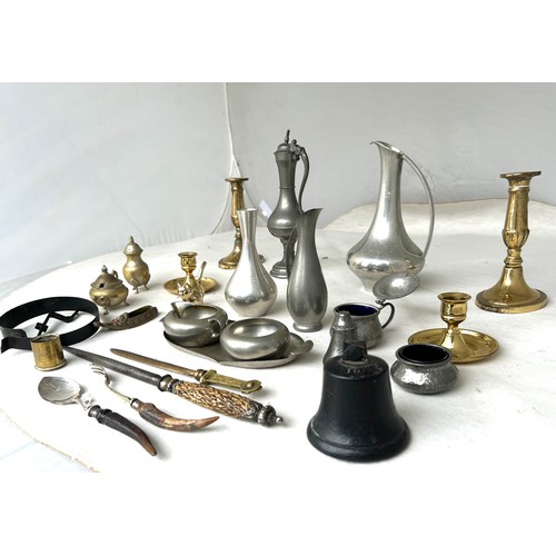 388 - A Large collection of Metal ware, including 2 pairs brass candlesticks and various Pewter and brass ... 