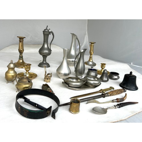 388 - A Large collection of Metal ware, including 2 pairs brass candlesticks and various Pewter and brass ... 