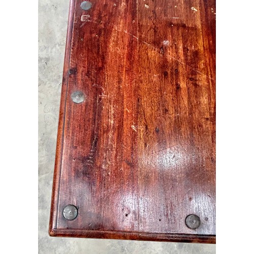 612 - Large metal studded Coffee hardwood table. (height 41cm width 135cm depth 91cm)