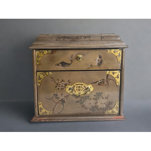 105 - A Japanese lacquered tea cabinet.Hand painted with carp & birds amongst blossoming flowers. Fron... 