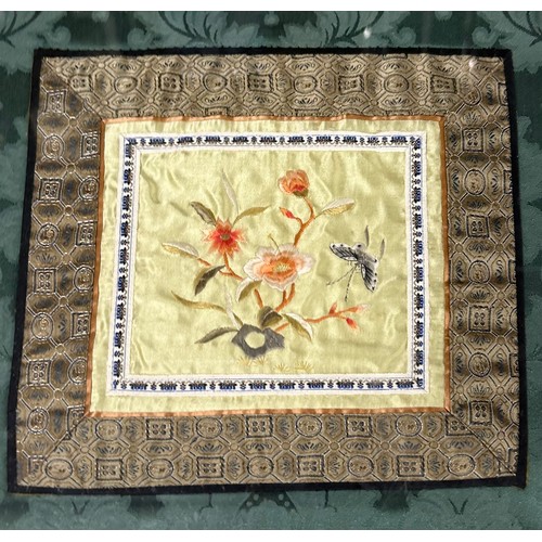 434 - Fire screen with Chinese embroidery Silk Panel mounted on damask.