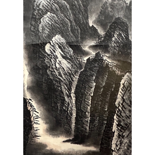 77 - Signed Li Keran (1907-1989) Ink on paper monochrome landscape.Depicting Yellow mountain? Mounted on ... 