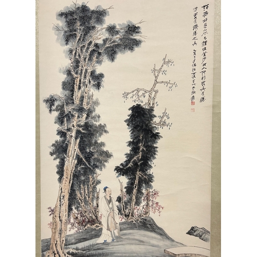 77A - Chinese Ink & colour on paper of a man standing on a bank within a group of trees.Mounted on scr... 