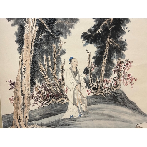 77A - Chinese Ink & colour on paper of a man standing on a bank within a group of trees.Mounted on scr... 