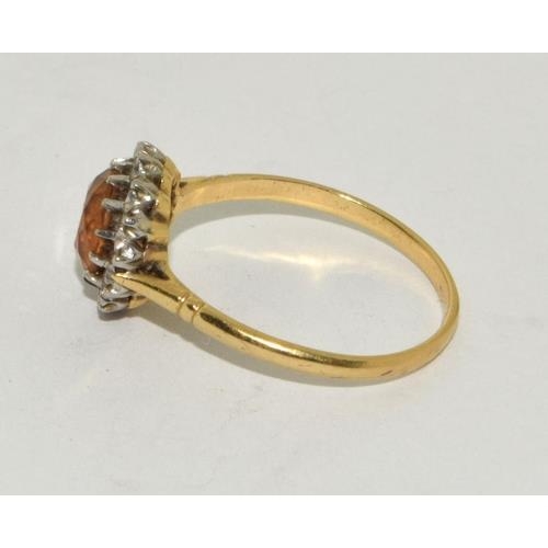 62 - 18ct gold and Platinum Diamond and Amber coloured halo design ring size R