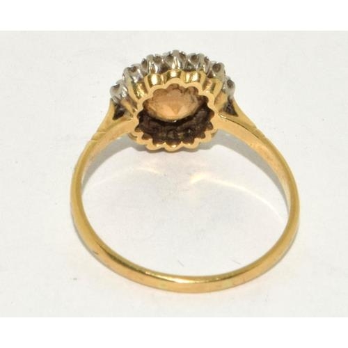 62 - 18ct gold and Platinum Diamond and Amber coloured halo design ring size R