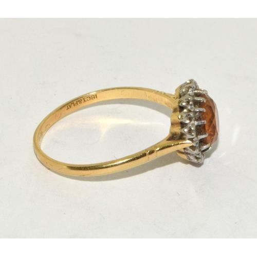 62 - 18ct gold and Platinum Diamond and Amber coloured halo design ring size R