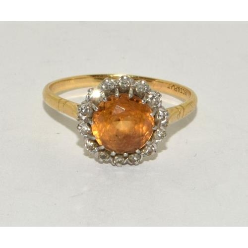 62 - 18ct gold and Platinum Diamond and Amber coloured halo design ring size R