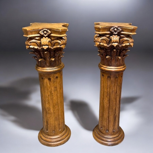 120A - A pair of carved wood classical Corinthian columns.Fluted column with carved Acanthus capital.Height... 