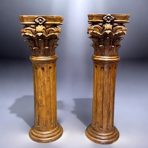 120A - A pair of carved wood classical Corinthian columns.Fluted column with carved Acanthus capital.Height... 