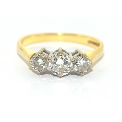 201 - 18ct gold 3 stone diamond ring approx 40 points size K