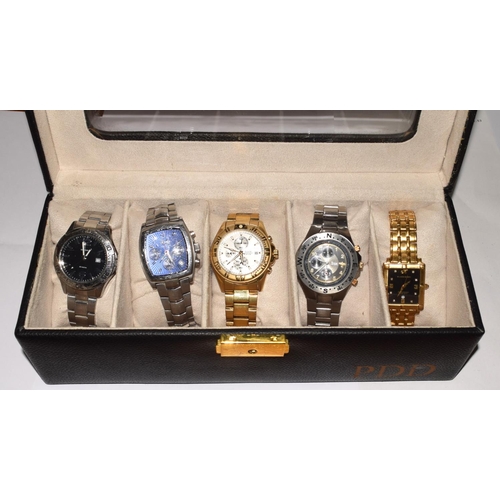 93 - Watch storage box holding 5 x gents watches ,Sekonda Accurist Jeep Klaus Kobek and a rare Douglas Ba... 