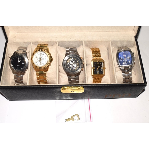 93 - Watch storage box holding 5 x gents watches ,Sekonda Accurist Jeep Klaus Kobek and a rare Douglas Ba... 