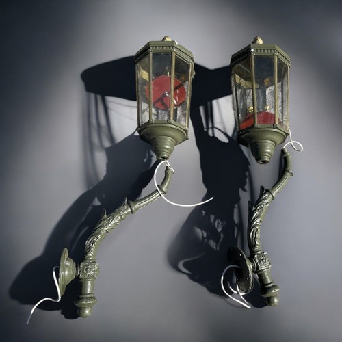 161 - Victorian Cast Iron and Glazed Outdoor Coach Style Lanterns with the Original Supports with Acanthus... 