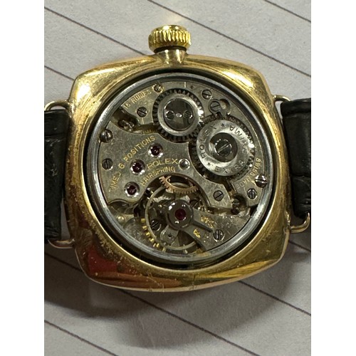 505A - 1920's 9carat gold Rolex Oyster Cushion wind wristwatch.Black roman numerals. Blue / black steel han... 