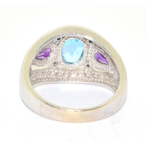 277 - 9ct white gold ladies Diamond, Amethyst and Aquamarine ring hallmarked as 0.15ct size N