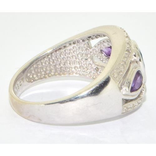 277 - 9ct white gold ladies Diamond, Amethyst and Aquamarine ring hallmarked as 0.15ct size N