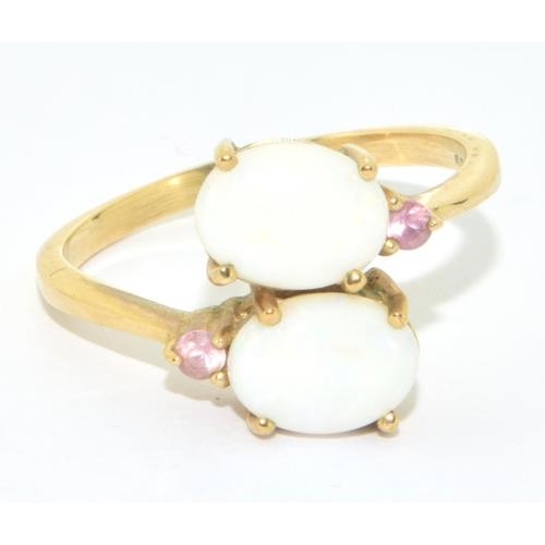 280 - 9ct gold ladies Opal twin stone X over ring with Amethyst shoulders size P