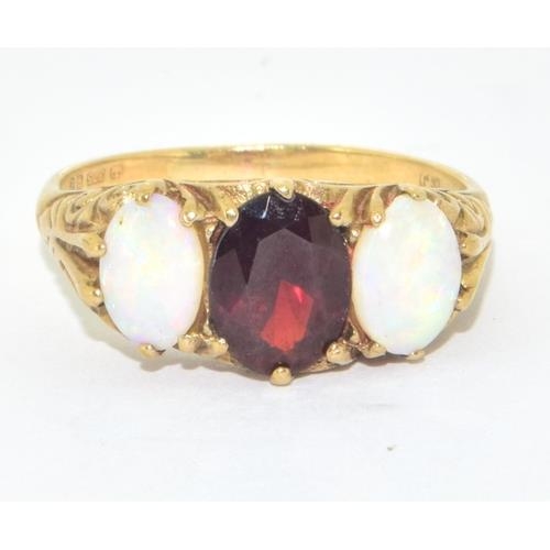 299 - 9ct gold ladies Antique 3 stone Opal and garnet scroll set ring size P