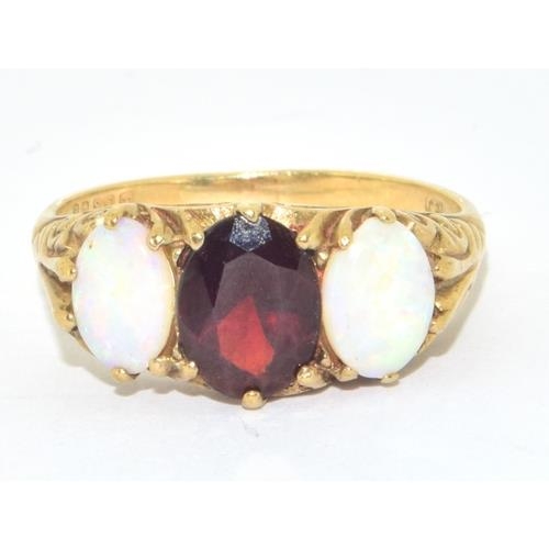 299 - 9ct gold ladies Antique 3 stone Opal and garnet scroll set ring size P