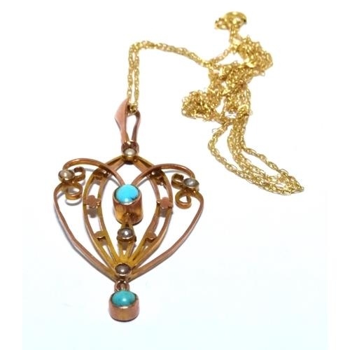 342 - 9ct gold Edwardian Turquoise and Pearl Lavaliere pendant necklace