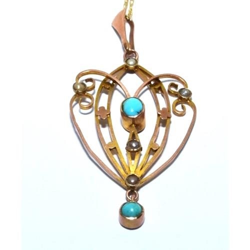 342 - 9ct gold Edwardian Turquoise and Pearl Lavaliere pendant necklace