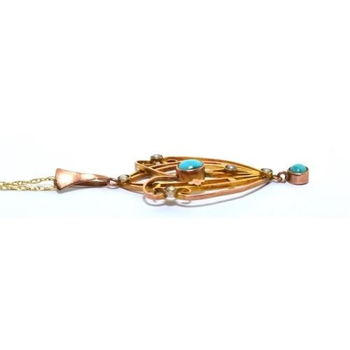 342 - 9ct gold Edwardian Turquoise and Pearl Lavaliere pendant necklace