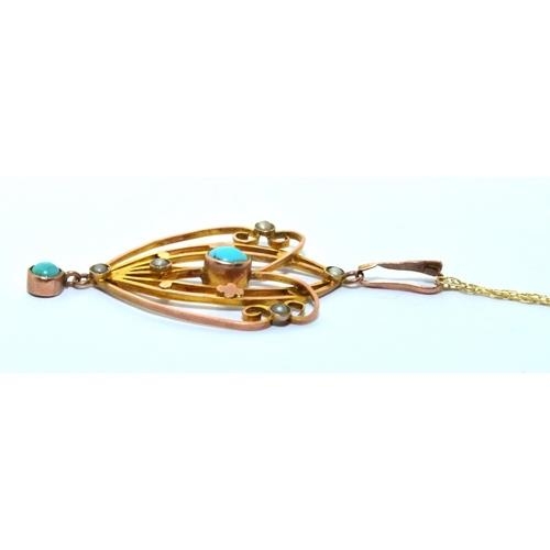 342 - 9ct gold Edwardian Turquoise and Pearl Lavaliere pendant necklace