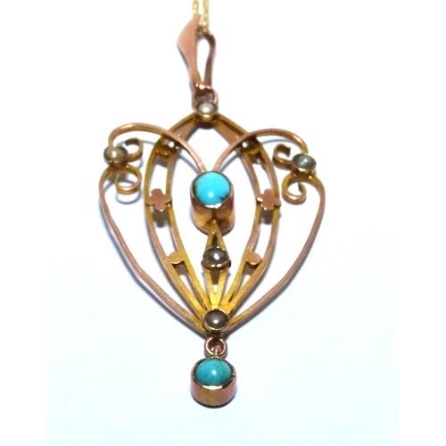 342 - 9ct gold Edwardian Turquoise and Pearl Lavaliere pendant necklace