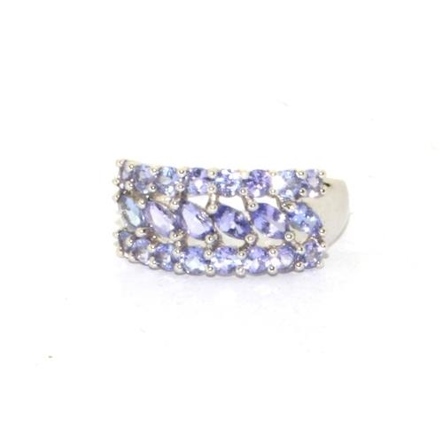 343 - 9ct white gold ladies triple bar Tanzanite ring size Q