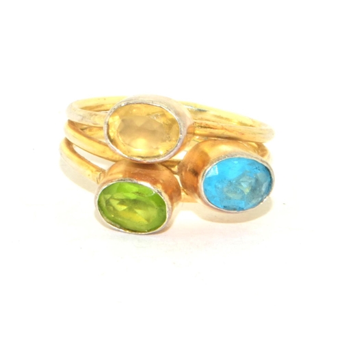 320 - 925 silver gilt ring with three different semi precious stones mounted size O