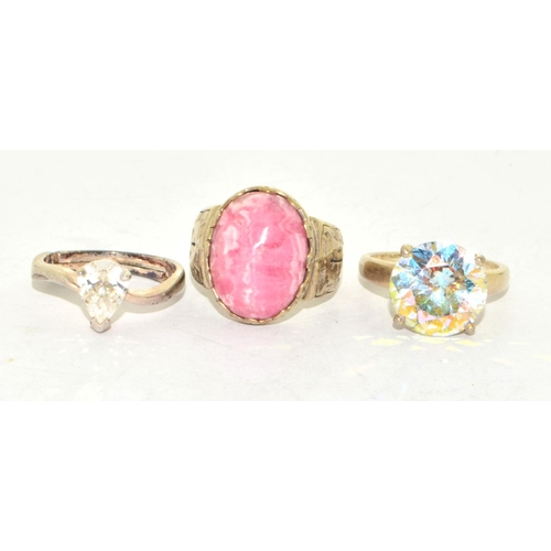 326 - 3 x 925 silver rings to include a vintage Rhodochrosite ring approx ring size for Rhodocrosite is L