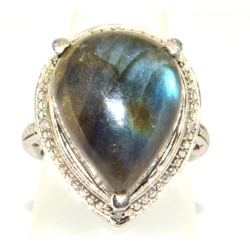 328 - large 925 silver pear shape Labradorite ring in a scrolled setting size P