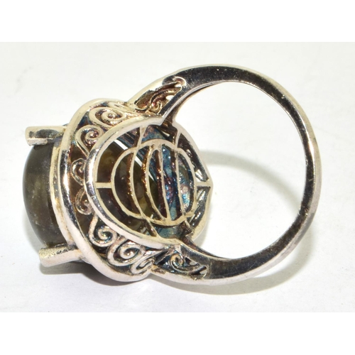 328 - large 925 silver pear shape Labradorite ring in a scrolled setting size P