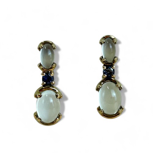 246 - 9ct Gold, cabochon and blue stone ladies earrings.Stamped 9K.Length - 20mm