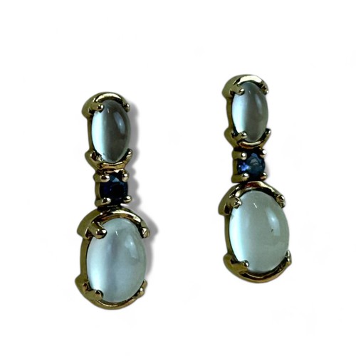 246 - 9ct Gold, cabochon and blue stone ladies earrings.Stamped 9K.Length - 20mm