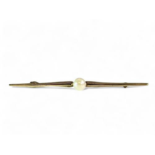 252 - A 9ct Gold & pearl bar brooch. Length - 55mmWeight - 1.4g