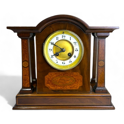 254 - A French Jules-Rolez mantle clock.Late 19th-20th century.Mahogany & Burr Walnut inlaid with Shel... 