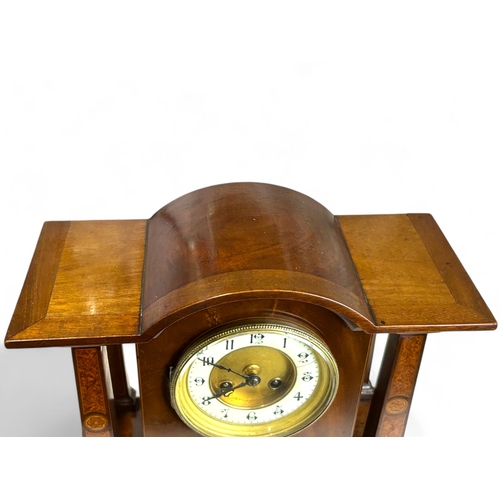 254 - A French Jules-Rolez mantle clock.Late 19th-20th century.Mahogany & Burr Walnut inlaid with Shel... 