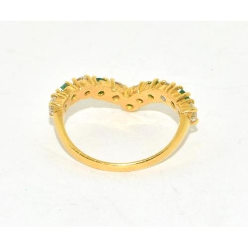 52 - 18ct gold Emarald and Diamond wishbone ring size M